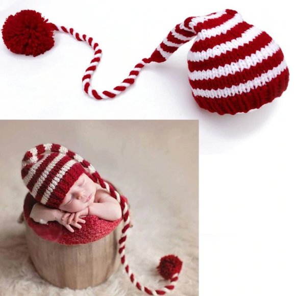 Infant Red/White Candy Cane Stripes with Long-Knot Beanie/Hat Newborns - Picture 3 of 4